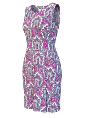 BO&NIC Women's Size XL A-Line Pleated Dress Pink Grey Abstract Print Sleeveless